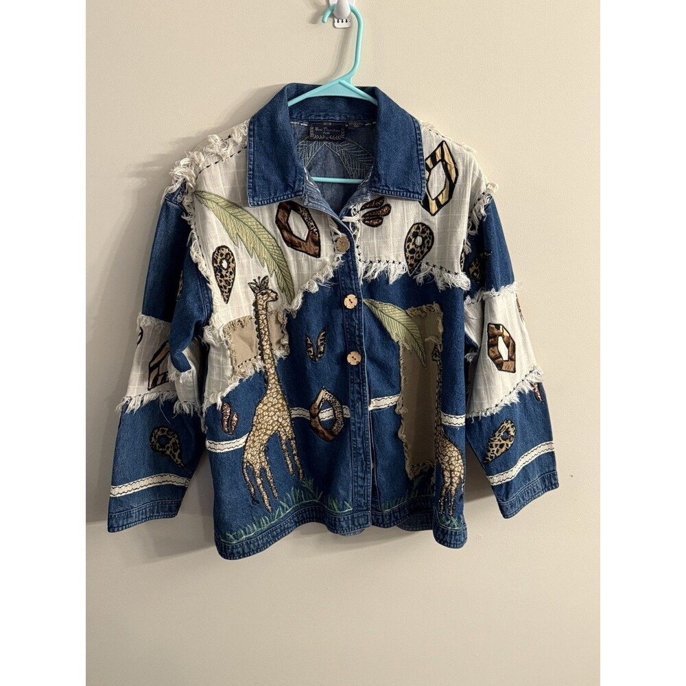 Vintage‎ 90s New Directions Safari Embroidered Patch Denim Jean Jacket Top Blue